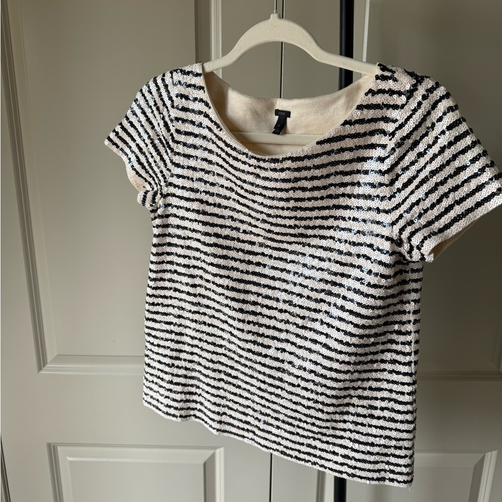 J.Crew Black Ivory Sequin Striped Top XS Short Sleeve Party Blouse